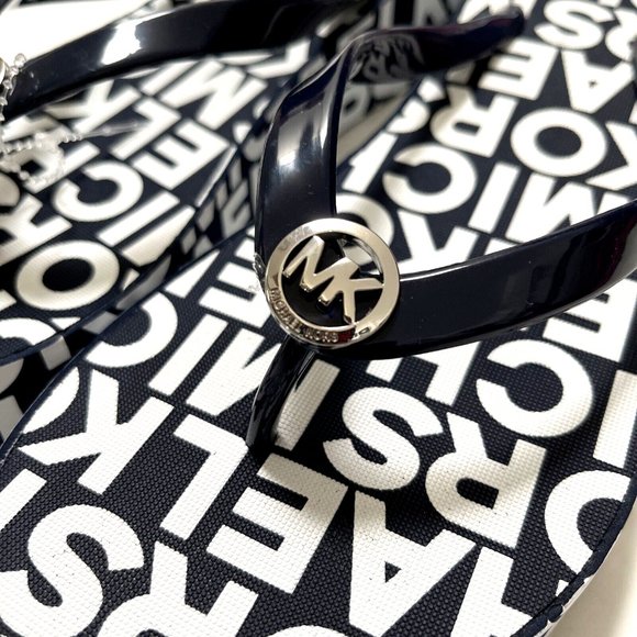 NWOB MICHAEL KORS Graphic Flip-Flop Wedge Sandals Slide On Thong Navy - Picture 2 of 9